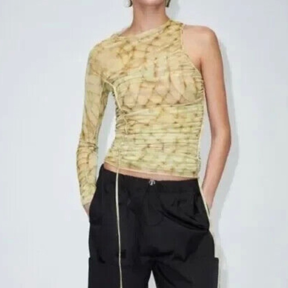 Zara Tulle Printed Asymmetric Top in light brown with an animal print pattern.